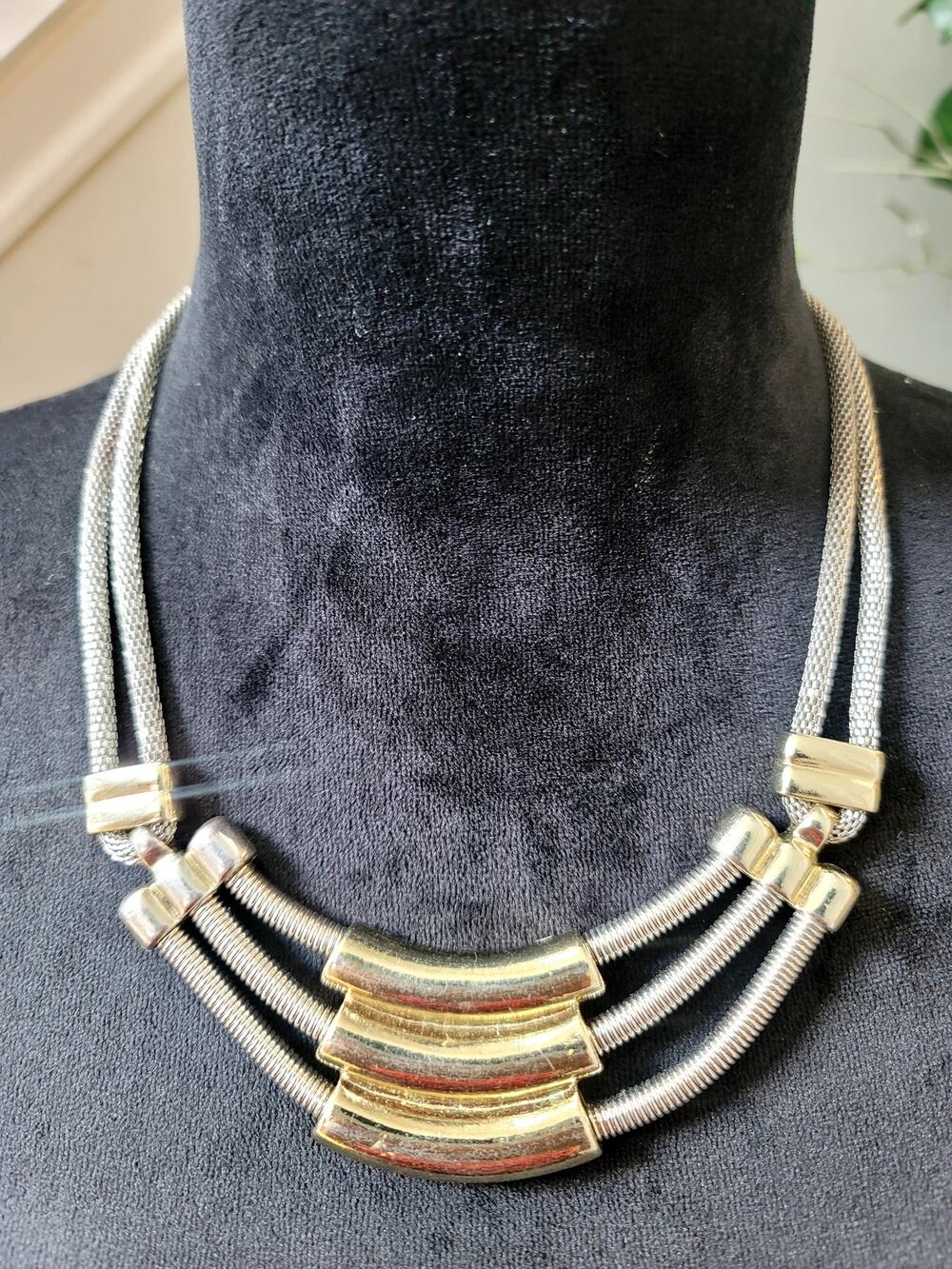 Silver Gold Tone Multi Strand Geometric Statement Necklace Modern Fashion